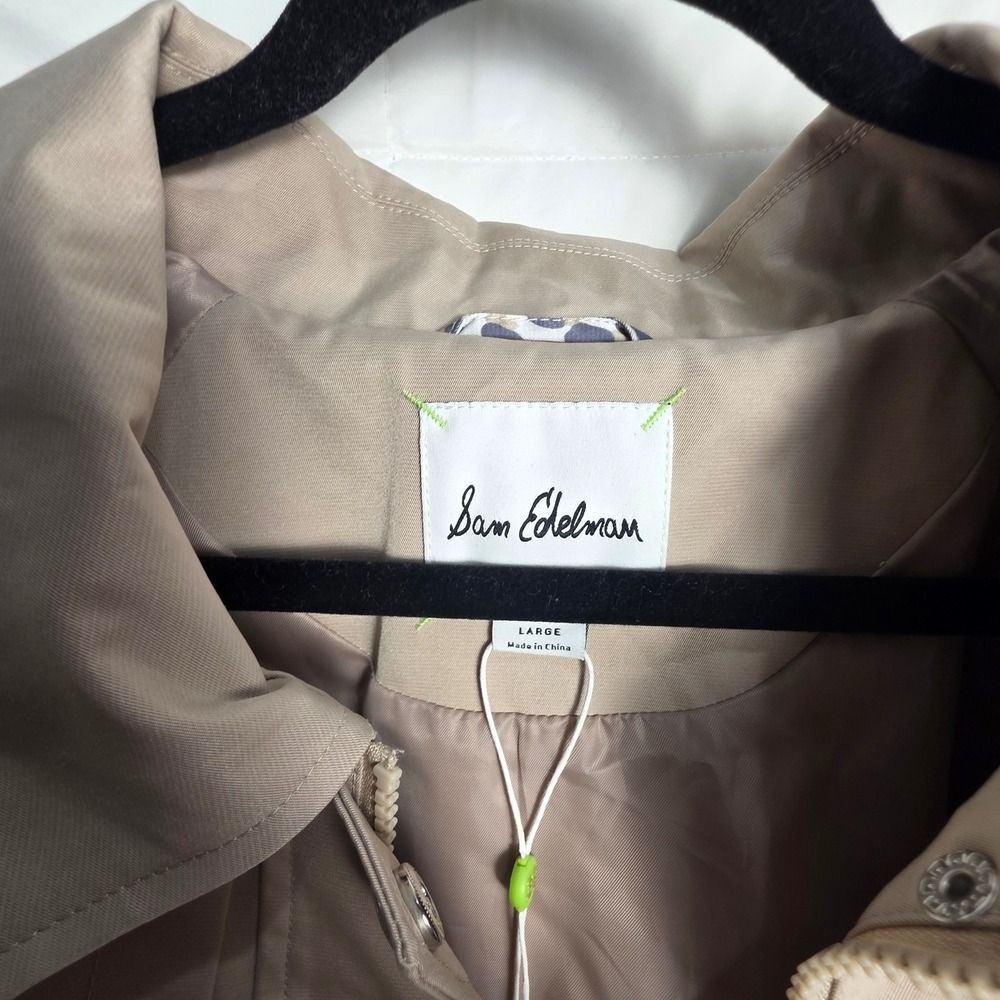 Sam Edelman Cape Trench Jacket Beige Leopard Trim Zip Front Utility Quiet Luxury - Picture 7 of 9